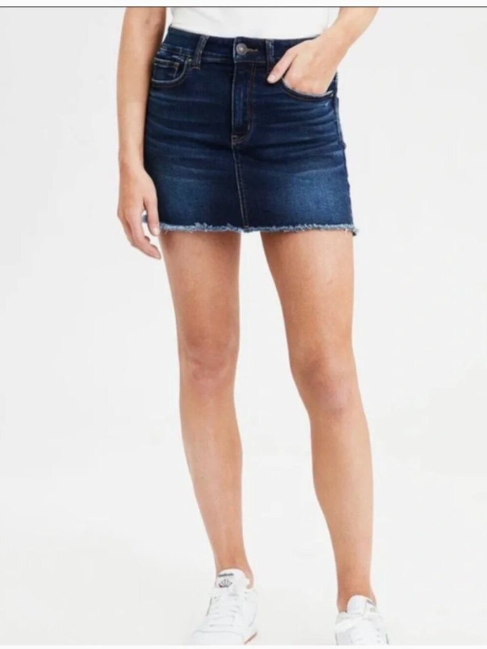 American Eagle Women’s Size 10 Hi-Rise Mini Skirt Denim Jean Cut Off Dark Wash